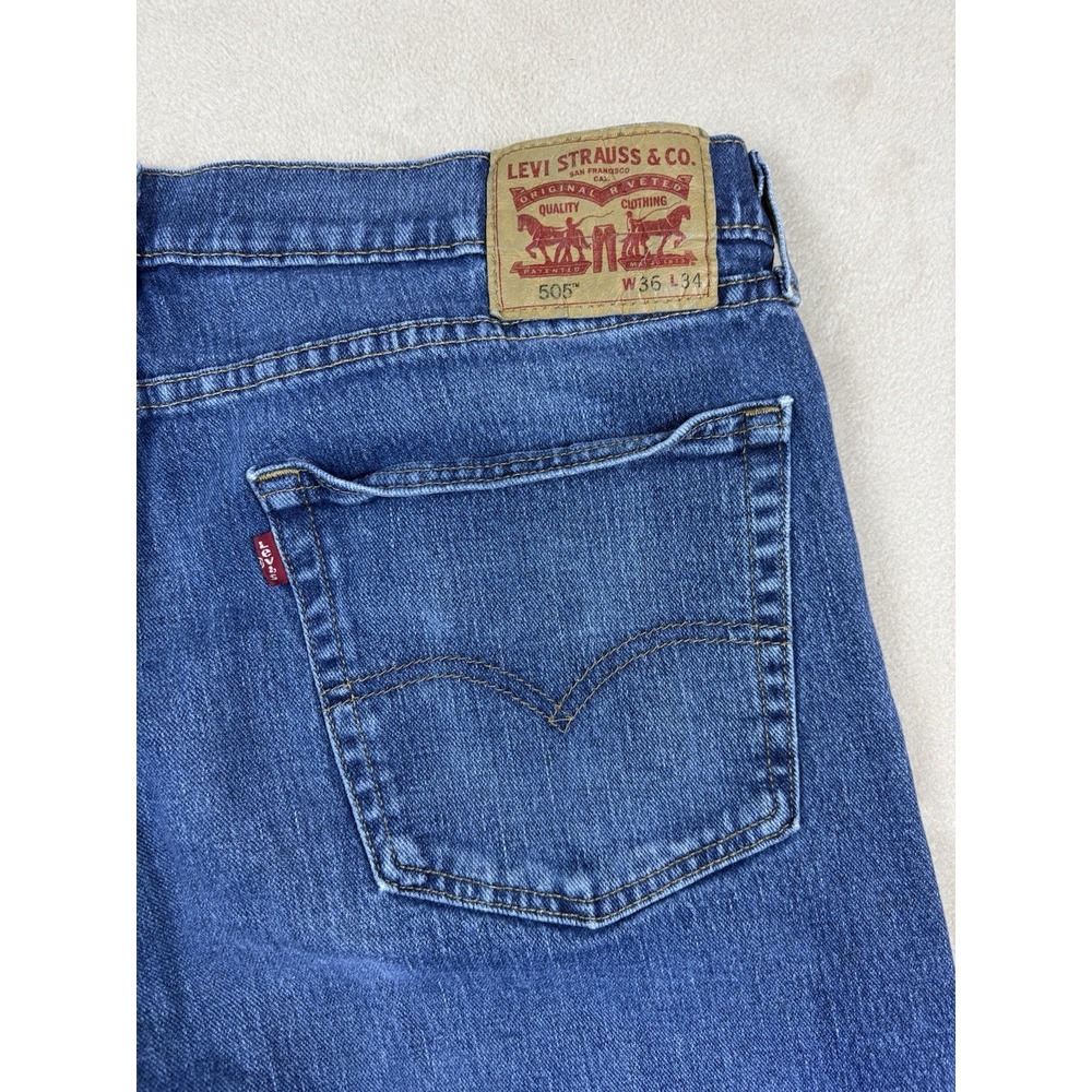 Levis 505 Mens Jeans 36x33 Straight Leg Medium Wash Distressed Workwear Pants - Picture 8 of 10